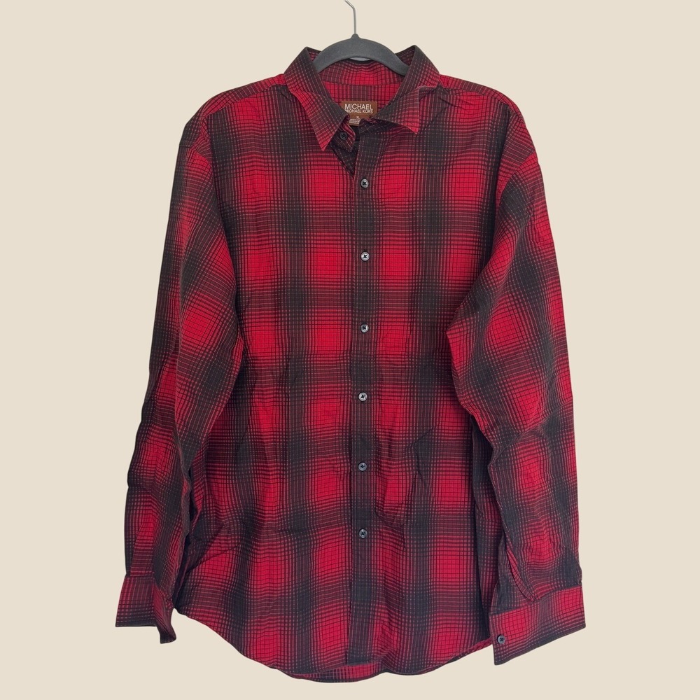 Michael‎ Kors Vintage Mens XL Cotton Red Black Check Button Down Shirt Hong Kong